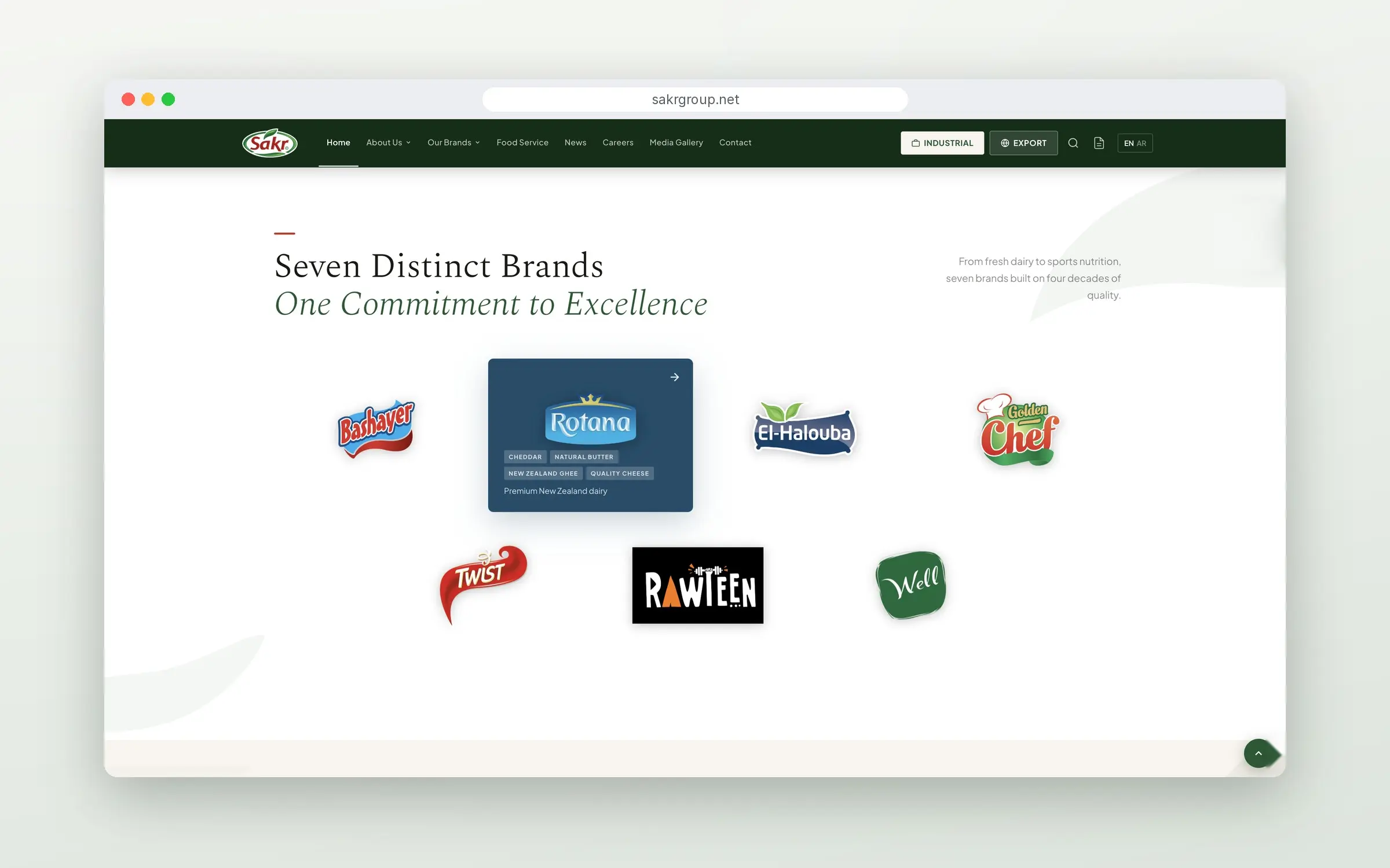 Sakr Group homepage showcasing its seven food brands