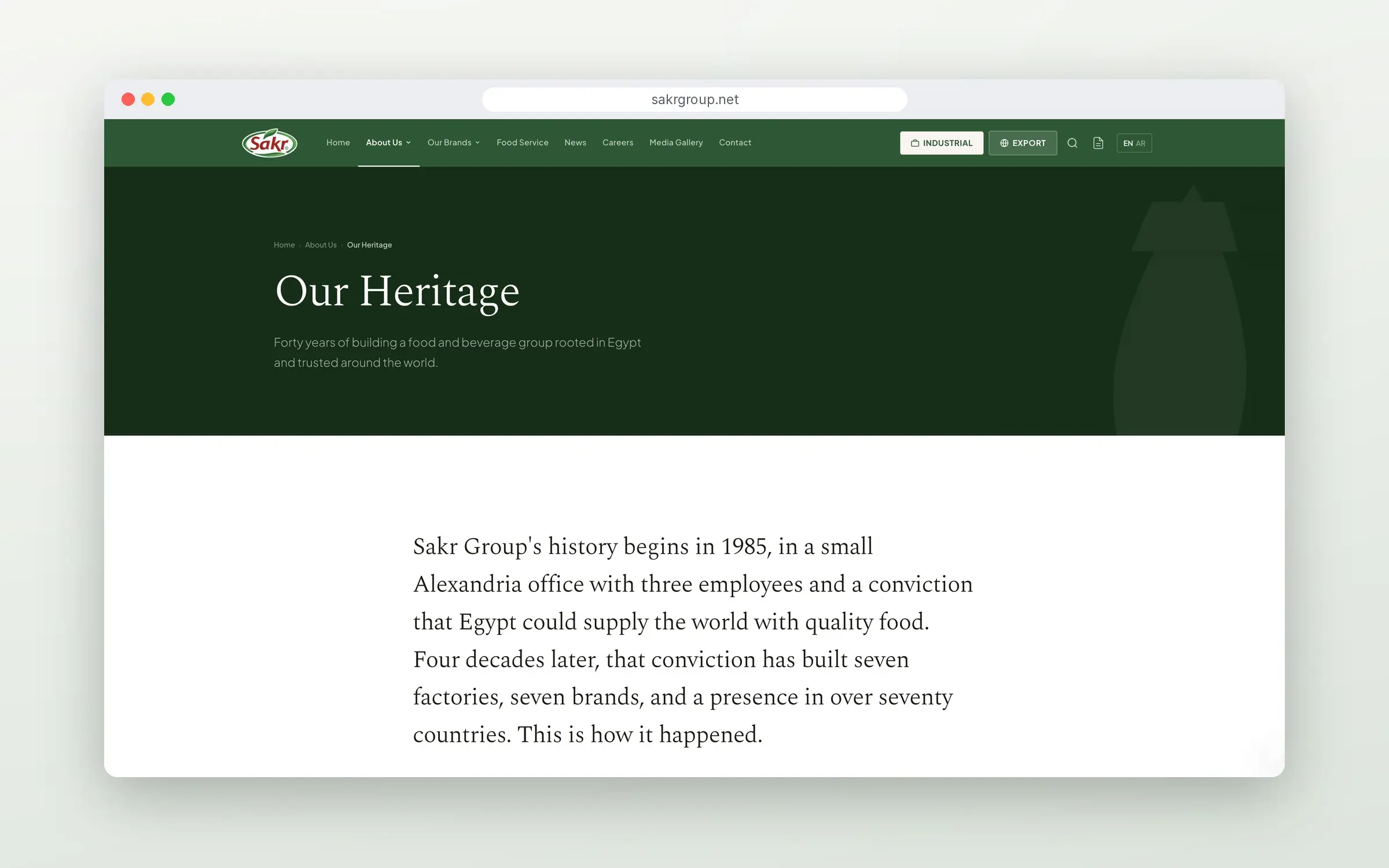 Our Heritage page telling Sakr Group's story since 1985