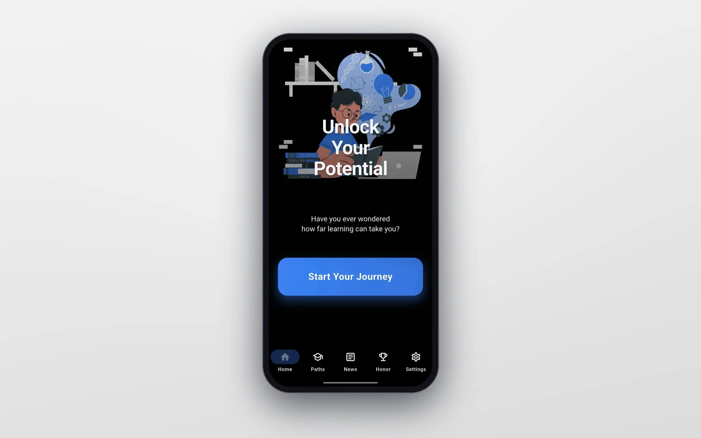 Lerny home screen with the “Unlock Your Potential” banner, a Start Your Journey button, and bottom navigation for Home, Paths, News, Honor, and Settings.