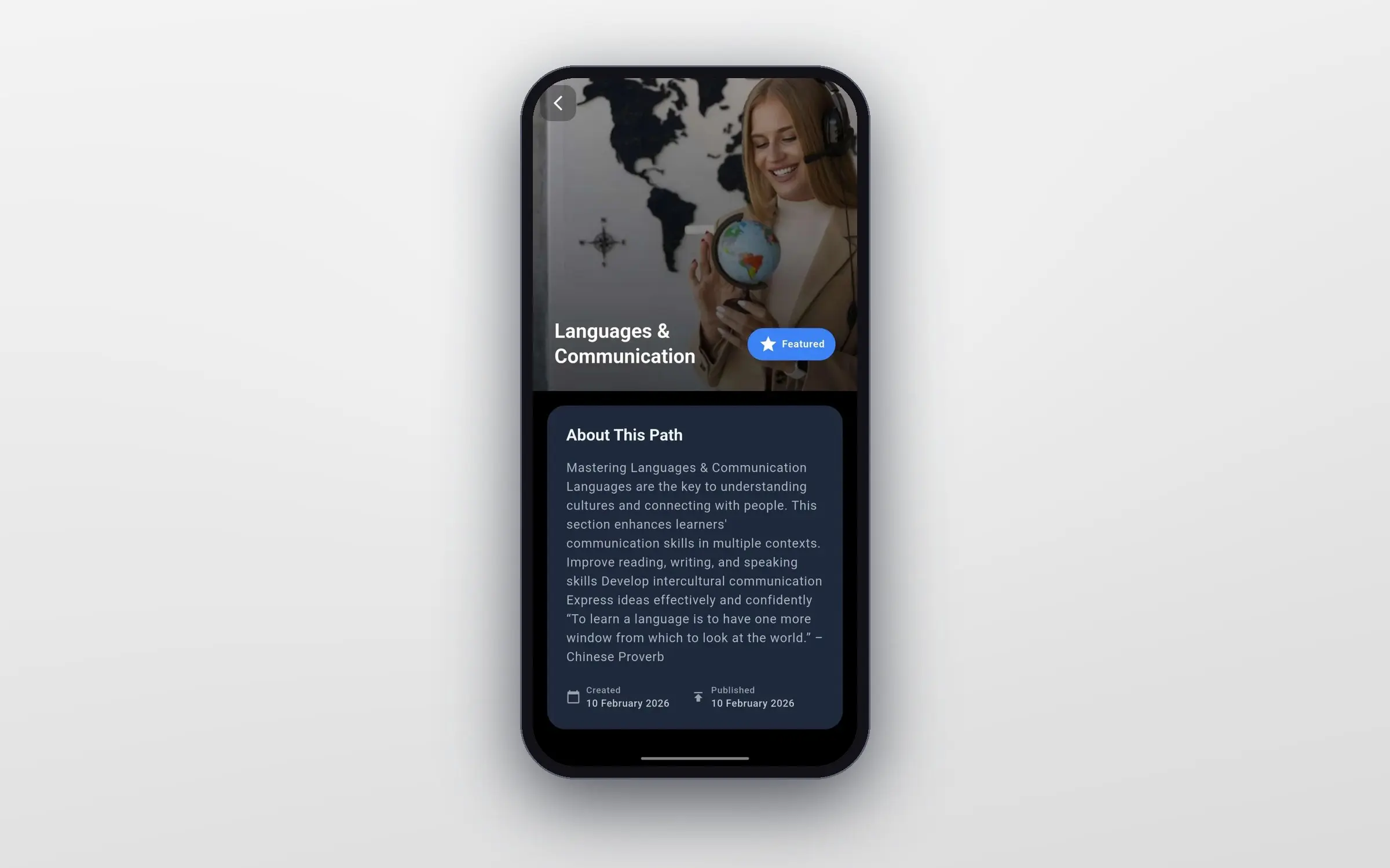 Lerny learning path page for Languages & Communication, with a featured badge, a path description, and a list of featured courses.