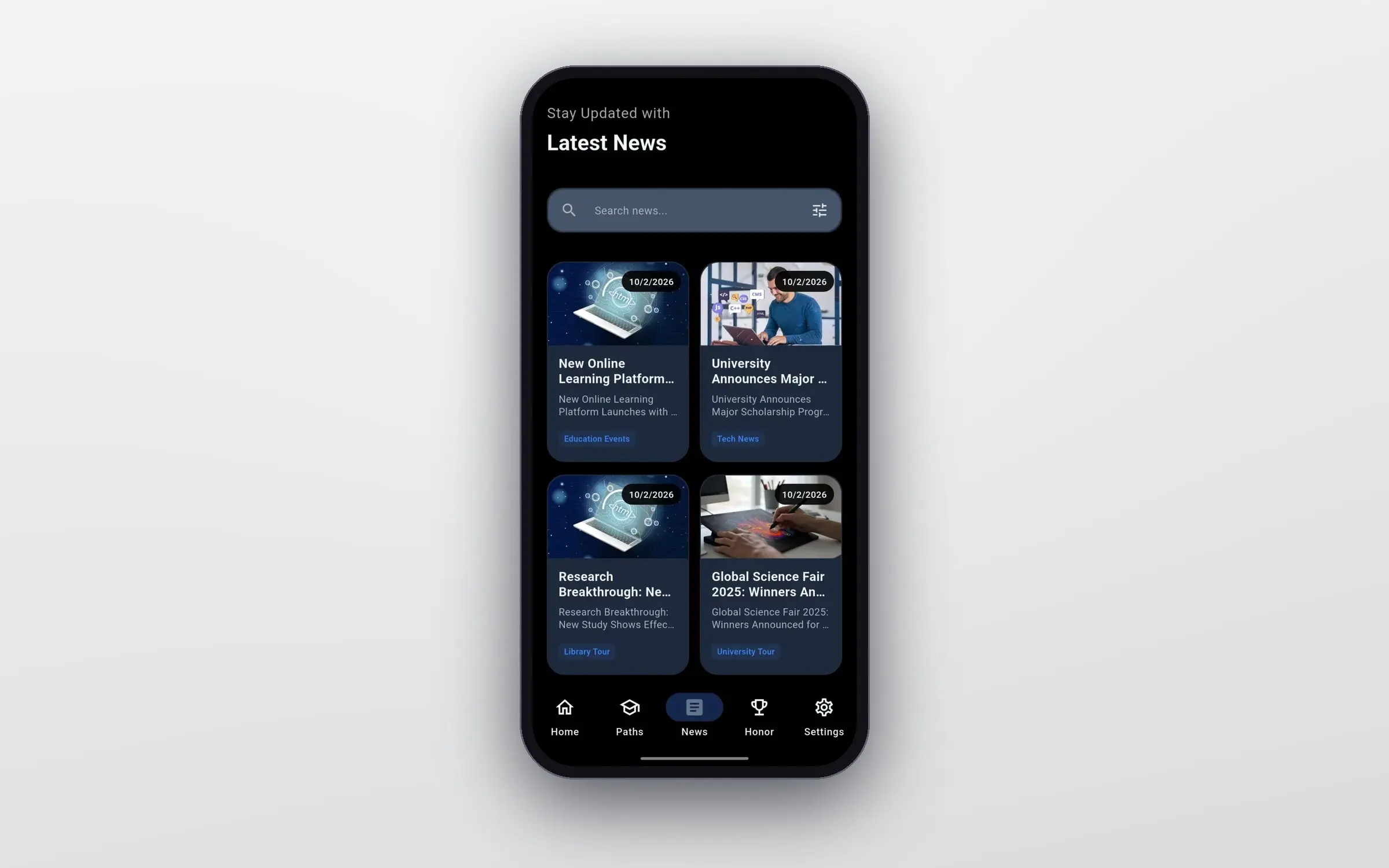Lerny Latest News screen with a search bar and a two-column grid of news articles with dates and category tags.