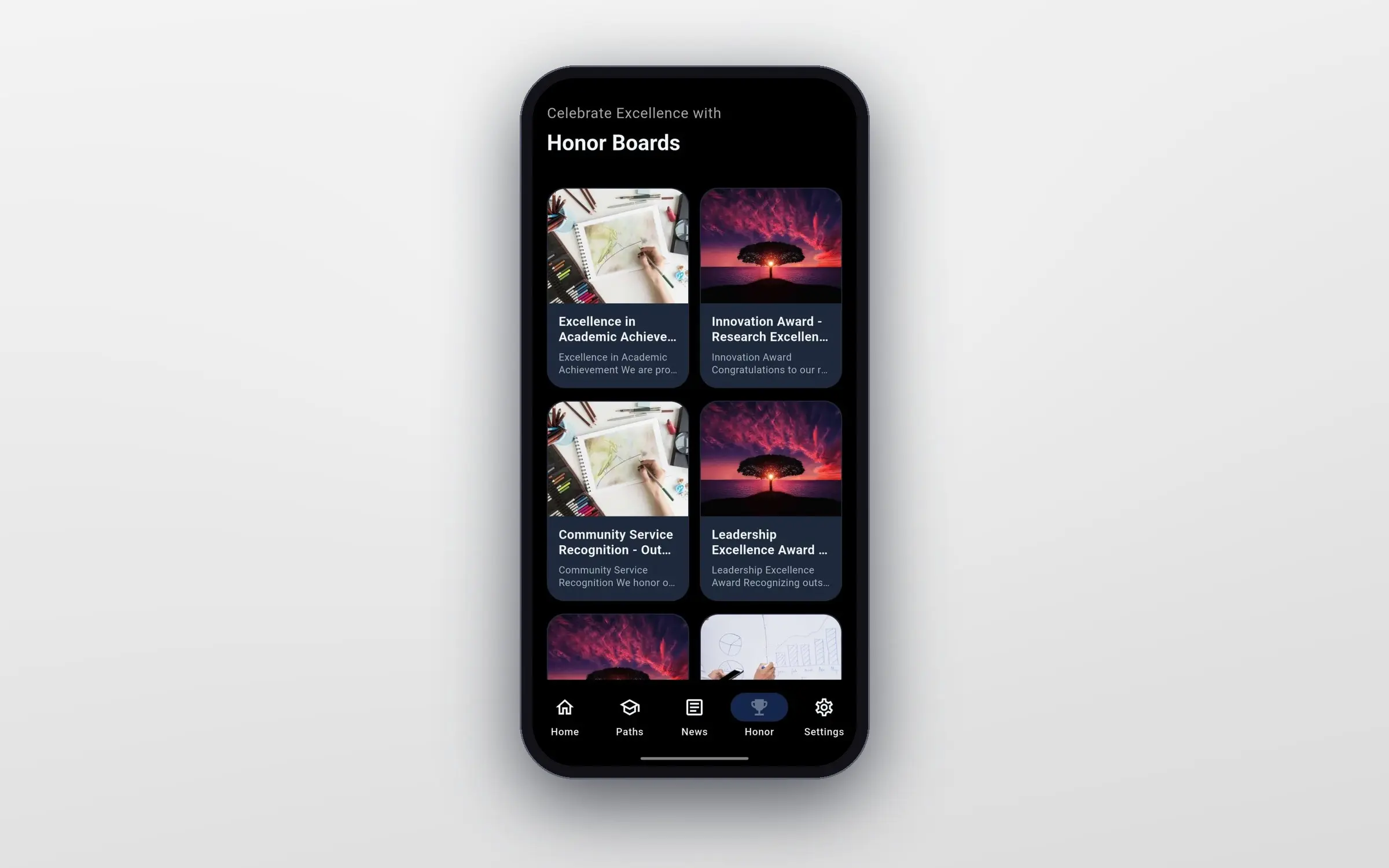 Lerny Honor Boards screen with a two-column grid of award cards showing images, titles, and short descriptions.