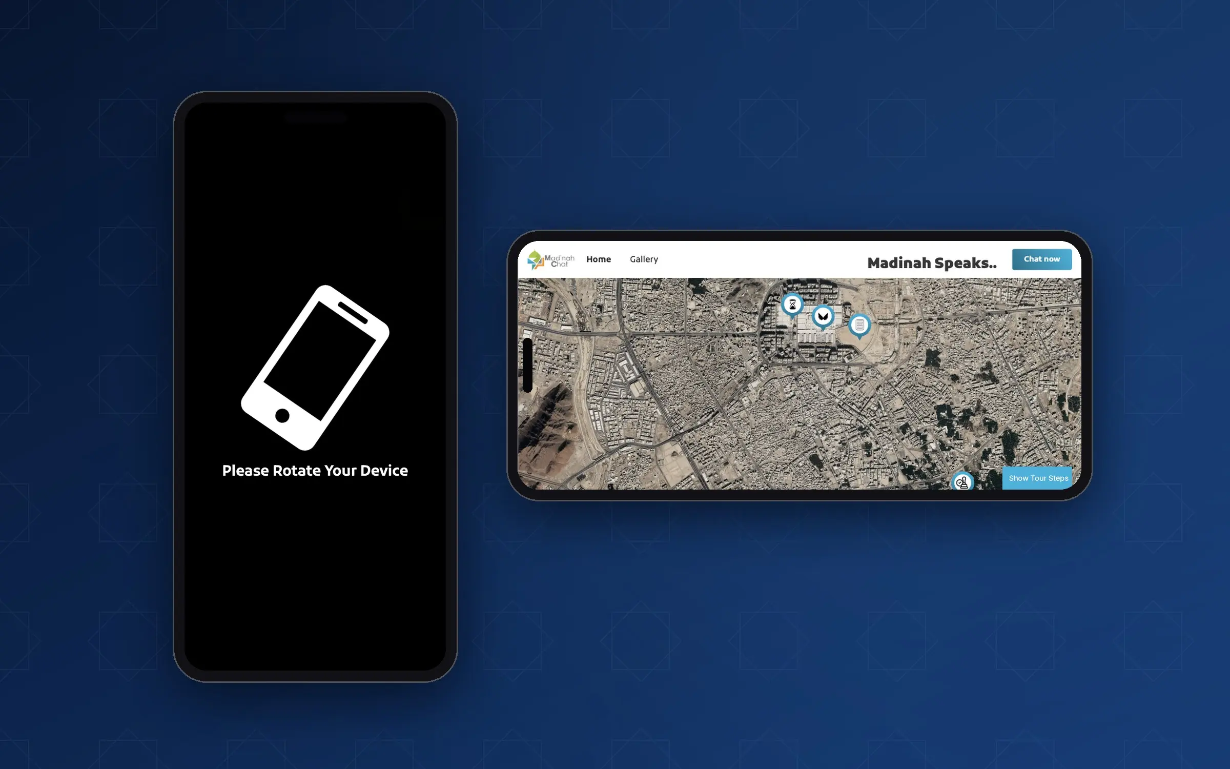 Madinah Chat on mobile, prompting users to rotate to landscape for the full interactive map